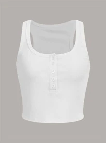 ROMWE Half Button Tank Top, School - White - View 1