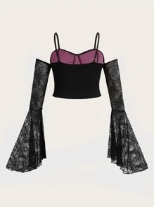 ROMWE Goth 大碼滿版印花挖肩荷葉袖網紗上衣 - 彩色 - 查看 2