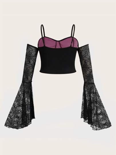 Goth Top con estampado de hombros descubiertos de manga con volante de malla