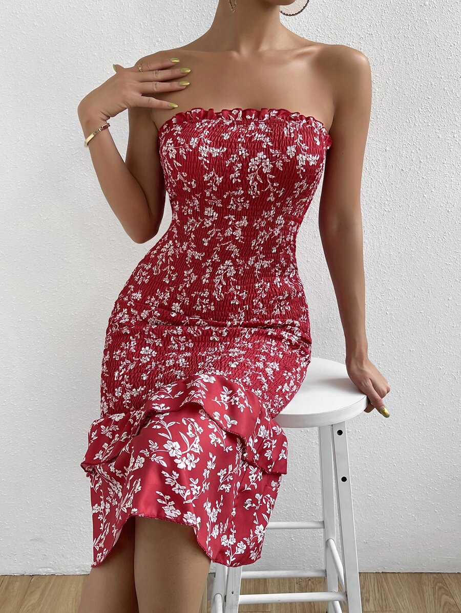 SHEIN Privé Vestido tubo con estampado floral bajo con fruncido - Rojo - Ver 1