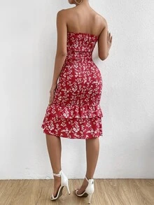 SHEIN Privé Vestido tubo con estampado floral bajo con fruncido - Rojo - Ver 2