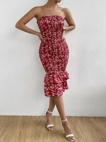 SHEIN Privé Vestido tubo con estampado floral bajo con fruncido - Rojo - Ver 3