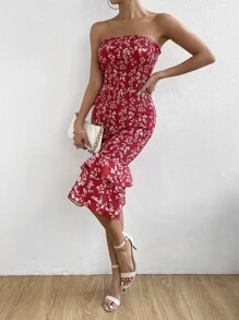 SHEIN Privé Vestido tubo con estampado floral bajo con fruncido - Rojo - Ver 4