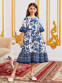 SHEIN Leap Crew Tween Girl Floral Print Flounce Sleeve Ruffle Hem Dress - Blue and White - View 2