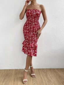 SHEIN Privé Vestido tubo con estampado floral bajo con fruncido - Rojo - Ver 6