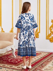SHEIN Leap Crew Tween Girl Floral Print Flounce Sleeve Ruffle Hem Dress - Blue and White - View 3