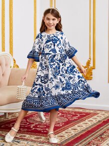 SHEIN Leap Crew Tween Girl Floral Print Flounce Sleeve Ruffle Hem Dress - Blue and White - View 4