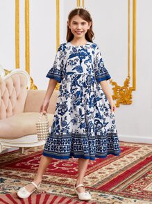 SHEIN Leap Crew Tween Girl Floral Print Flounce Sleeve Ruffle Hem Dress - Blue and White - View 5
