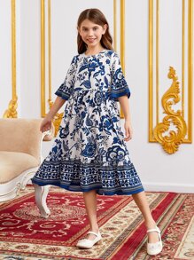 SHEIN Leap Crew Tween Girl Floral Print Flounce Sleeve Ruffle Hem Dress - Blue and White - View 6