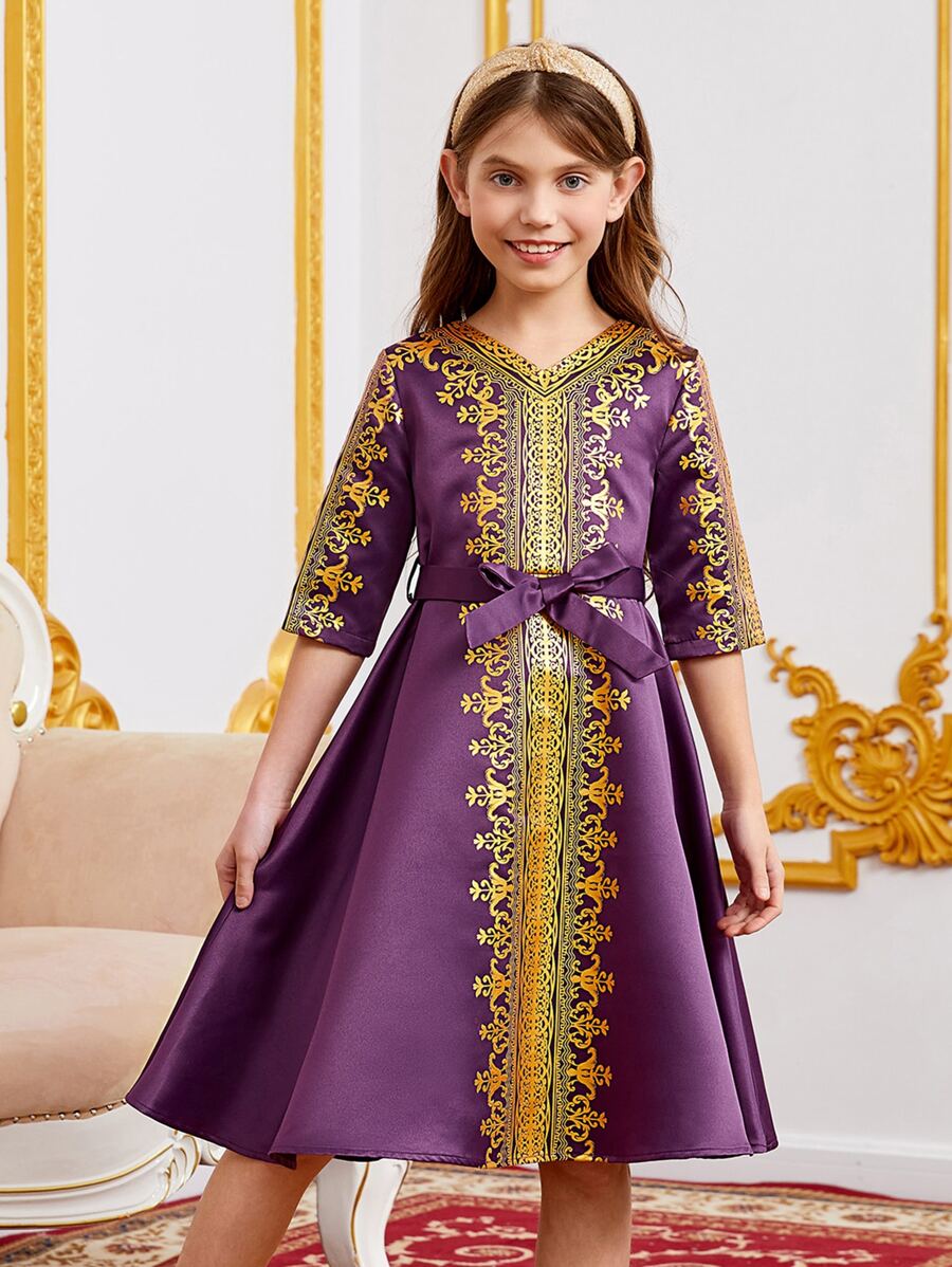 SHEIN Girls Gold Scroll Print Belted Dress - Purple - View 1
