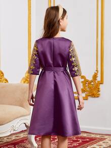 SHEIN Girls Gold Scroll Print Belted Dress - Purple - View 2