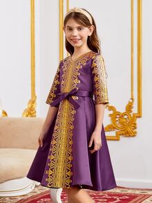 SHEIN Girls Gold Scroll Print Belted Dress - Purple - View 3