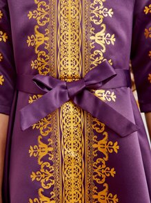SHEIN Girls Gold Scroll Print Belted Dress - Purple - View 4