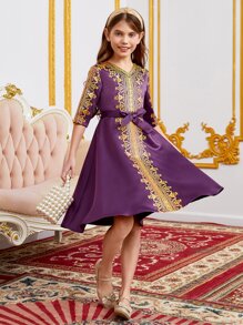 SHEIN Girls Gold Scroll Print Belted Dress - Purple - View 5