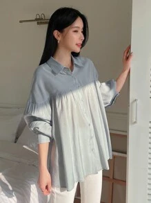 DAZY Camisa con botones y hombros caídos, ropa de mujer de otoño - Neblina azul - Ver 3