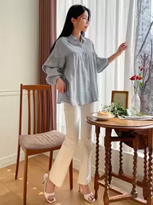 DAZY Camisa con botones y hombros caídos, ropa de mujer de otoño - Neblina azul - Ver 4