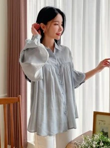 DAZY Camisa con botones y hombros caídos, ropa de mujer de otoño - Neblina azul - Ver 5