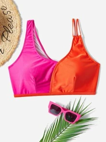 SHEIN Swim Curve Plus Two Tone Asymmetrical Shoulder Bikini Top, For Summer Beach Vacation - Multicolor - View 1
