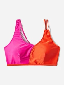 SHEIN Swim Curve Plus Two Tone Asymmetrical Shoulder Bikini Top, For Summer Beach Vacation - Multicolor - View 3