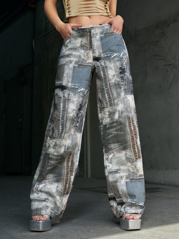 SHEIN ICON Low Rise Graphic Print Wide Leg Jeans