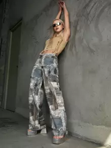 SHEIN ICON Low Rise Graphic Print Wide Leg Jeans - Multicolor - View 10