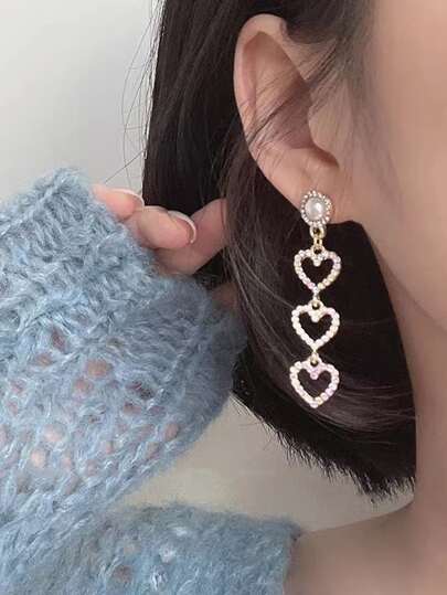 Rhinestone Heart Decor Clip On Earrings Valentines