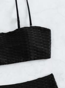 SHEIN Swim 紋理質感比基尼套裝抹胸文胸和高腰下裝2入組泳衣 - 黑色 - 查看 3