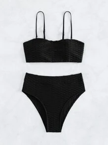 SHEIN Swim 紋理質感比基尼套裝抹胸文胸和高腰下裝2入組泳衣 - 黑色 - 查看 4
