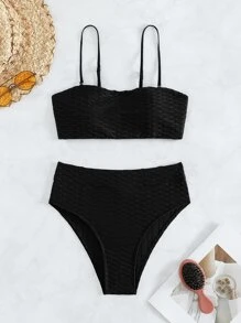 SHEIN Swim 紋理質感比基尼套裝抹胸文胸和高腰下裝2入組泳衣 - 黑色 - 查看 5