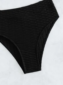 SHEIN Swim 紋理質感比基尼套裝抹胸文胸和高腰下裝2入組泳衣 - 黑色 - 查看 7
