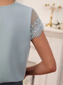 SHEIN Frenchy Áo sơ mi nữ Tương phản Mesh Thêu màu trơn Giải trí - Màu xanh nhạt - Xem 3