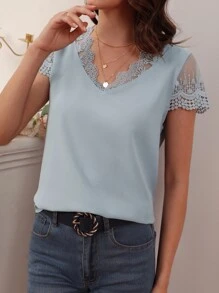 SHEIN Frenchy Áo sơ mi nữ Tương phản Mesh Thêu màu trơn Giải trí - Màu xanh nhạt - Xem 5