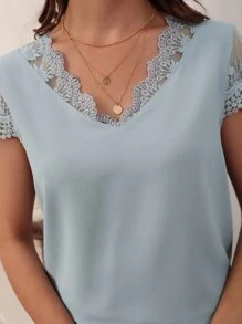 SHEIN Frenchy Áo sơ mi nữ Tương phản Mesh Thêu màu trơn Giải trí - Màu xanh nhạt - Xem 7