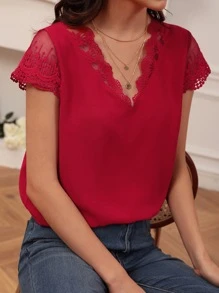 SHEIN Frenchy Áo sơ mi nữ Tương phản Mesh Thêu màu trơn Giải trí - Màu Đỏ Sâu - Xem 1