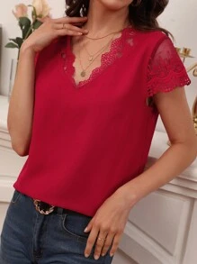 SHEIN Frenchy Áo sơ mi nữ Tương phản Mesh Thêu màu trơn Giải trí - Màu Đỏ Sâu - Xem 3