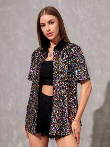 SWAVVY Áo sơ mi Nam Nút phía trước Tương phản ren ghép mộng kim sa Tất cả trên in Boho - Nhiều màu - Xem 3