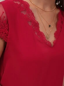 SHEIN Frenchy Áo sơ mi nữ Tương phản Mesh Thêu màu trơn Giải trí - Màu Đỏ Sâu - Xem 5