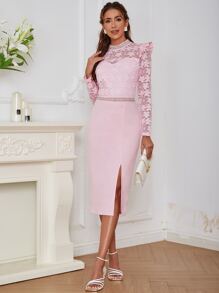 Eilly Bazar Đầm Tương phản ren Dây kéo Tách cao màu trơn Thanh lịch - Màu Hồng baby - Xem 3