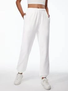 SHEIN BASICS Cotton Solid Elastic Waist Joggers - White - View 1