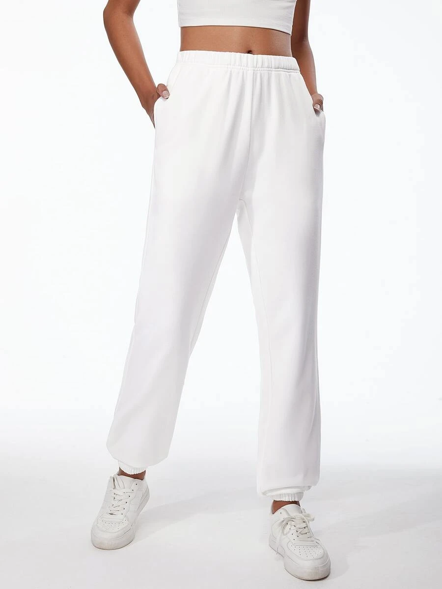 SHEIN BASICS Cotton Solid Elastic Waist Joggers - White - View 1