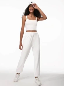 SHEIN BASICS Cotton Solid Elastic Waist Joggers - White - View 3