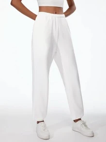 SHEIN BASICS Cotton Solid Elastic Waist Joggers - White - View 5