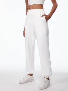 SHEIN BASICS Cotton Solid Elastic Waist Joggers - White - View 6