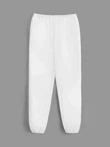 SHEIN BASICS Cotton Solid Elastic Waist Joggers - White - View 7