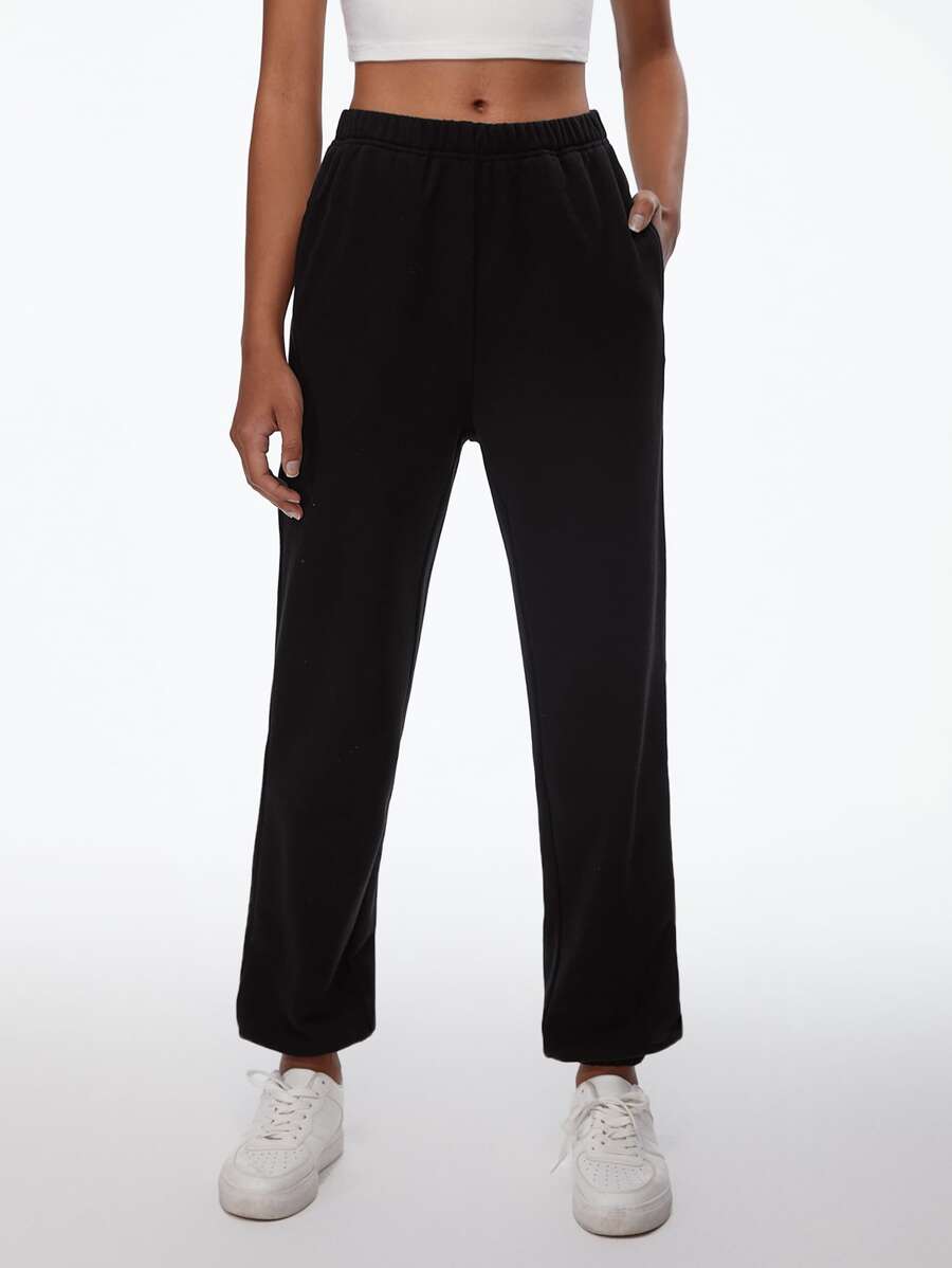 SHEIN BASICS Cotton Solid Elastic Waist Joggers - Black - View 1