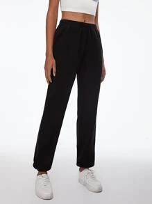 SHEIN BASICS Cotton Solid Elastic Waist Joggers - Black - View 3