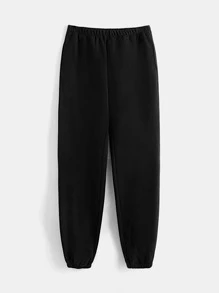 SHEIN BASICS Cotton Solid Elastic Waist Joggers - Black - View 5