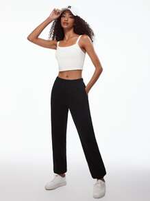SHEIN BASICS Cotton Solid Elastic Waist Joggers - Black - View 7