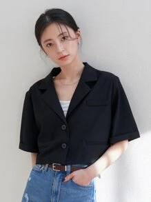 DAZY 素色前紐扣鏤空露背西裝外套 - 黑色 - 查看 1
