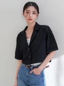 DAZY 素色前紐扣鏤空露背西裝外套 - 黑色 - 查看 3